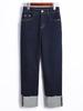 Clearance: Women's Deep Blue High-Waisted Slim-Fit Straight Leg Jeans with Rolled Hem