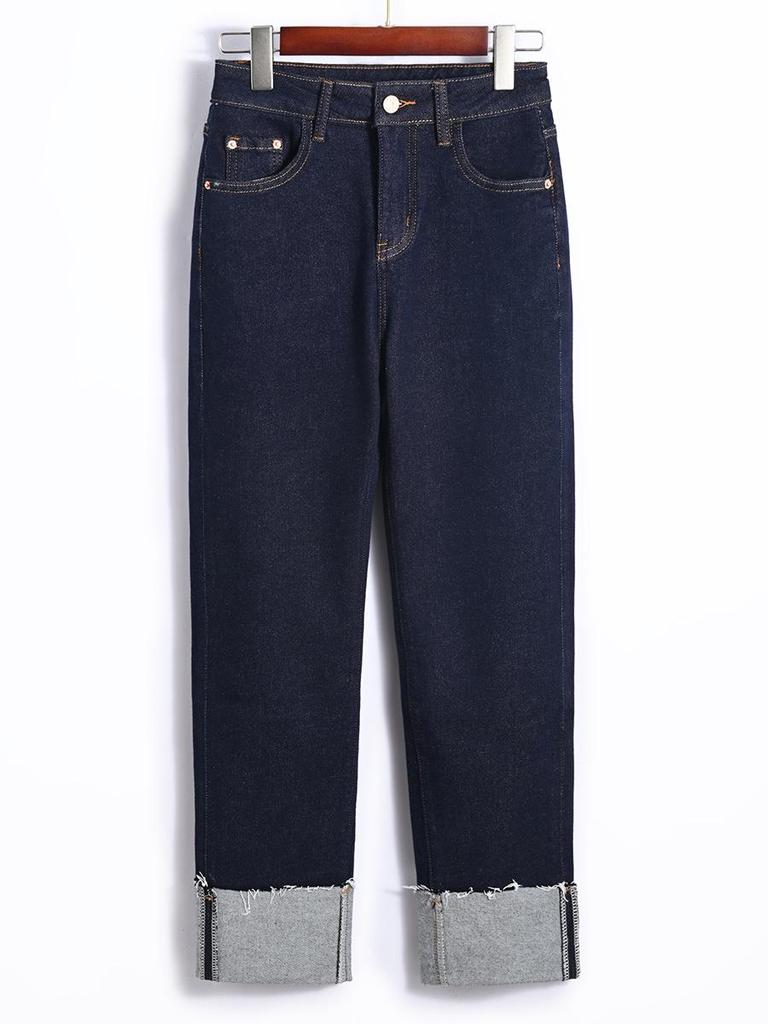 Clearance: Women's Deep Blue High-Waisted Slim-Fit Straight Leg Jeans with Rolled Hem