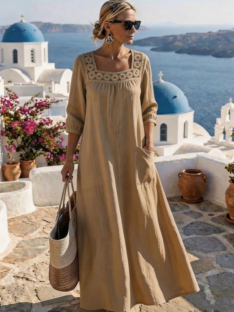 Casual Square Neck Three Quarter Sleeve Solid Color Womens Loose Long Maxi Dress