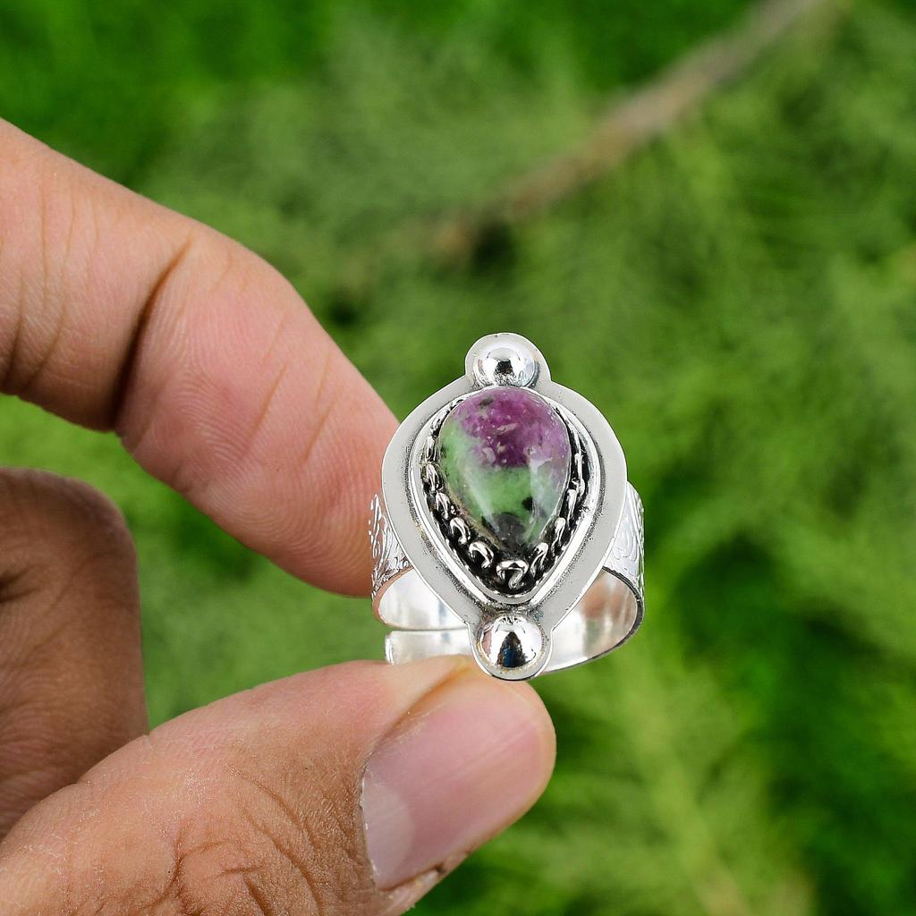 Natural Ruby Zoisite Gemstone Promise Green Adjustable Ring 925 Sterling Silver