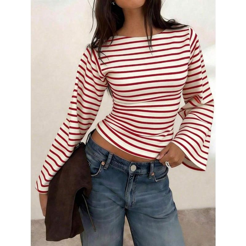 Fall/Winter New Style Women s Round-neck Short Sleeve Flared Sleeve Stylish All-Purpose Top S красный