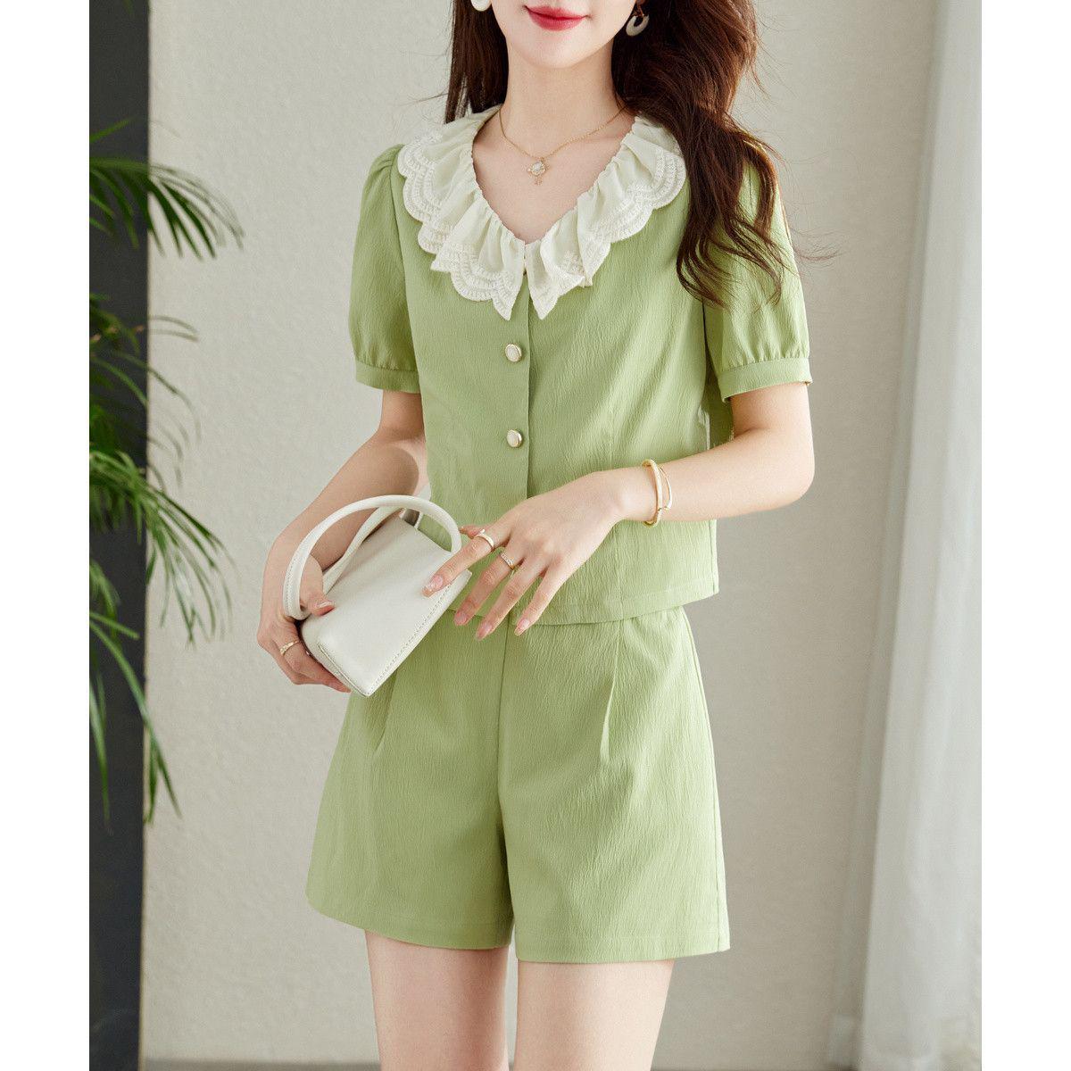 

Summer 2026 Lace Doll Collar Top & Solid Shorts Two-Piece Set M 40-50 kg