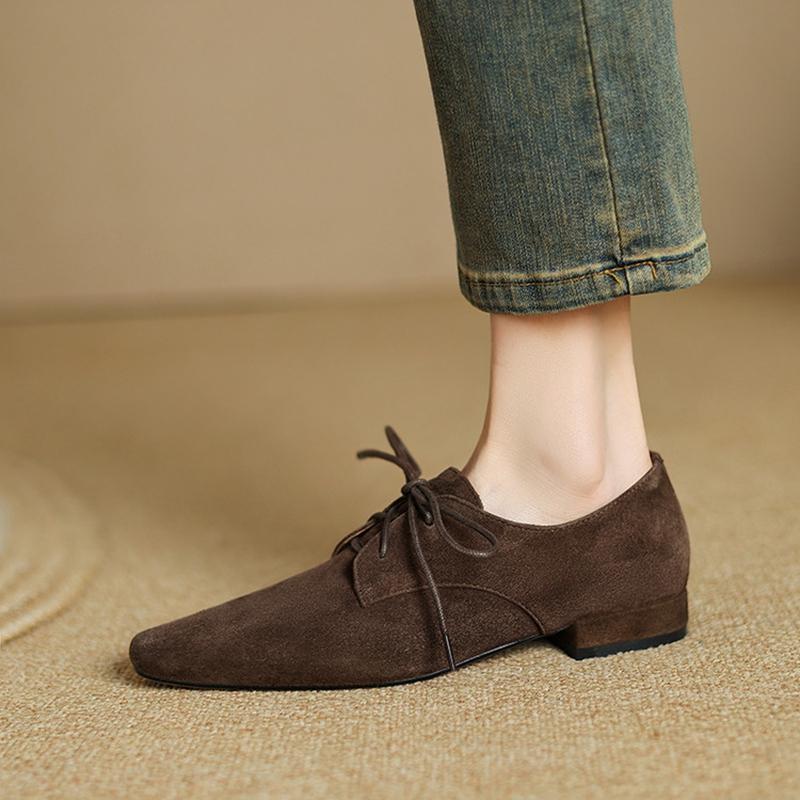 Fashion NEW Spring/Autumn Women Loafers Square Toe Low Heel Shoes Sheep Suede Leather Shoes for Women Lace-up Women Pumps Concise Shoes