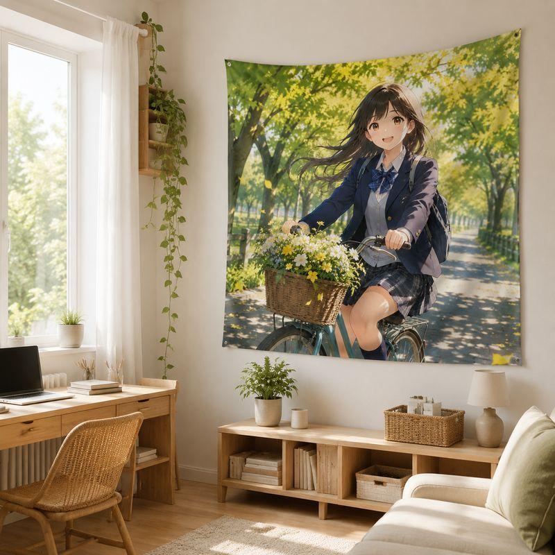 Campus Anime Tapestry Sunset Sky Wall Hanging, Cute Floral Blanket for Girls Bedroom Dorm Decor, Soft Aesthetic Art
