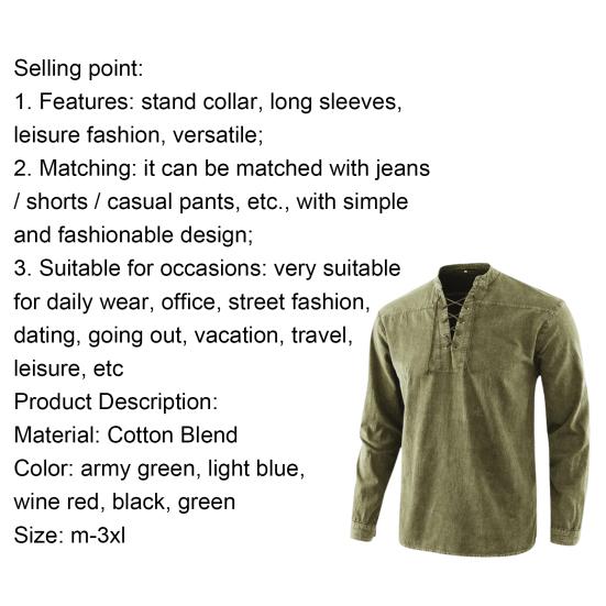 Męska koszula jednolita kolorystycznie sznurowana vintage stójka długi rękaw top na randkę