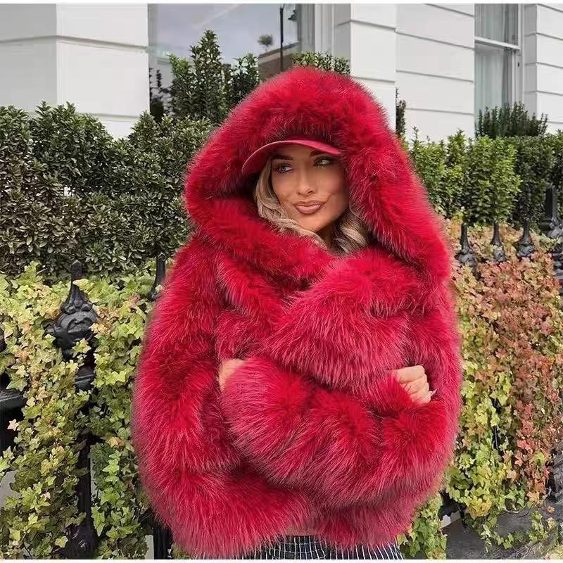 European and American winter imitation fox fur cape hooded jacket women's hairy bride shawl whole leather