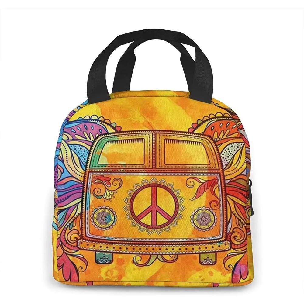 Hippie Vintage Car a Mini Van with Peace Sign Insulated Lunch Box Reusable Cooler Tote Bag Waterproof Lunch Holder for Women