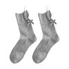 Women's Grey Knee-High Cotton Socks with Cuffs & Bows - Korean & Japanese Girly Style