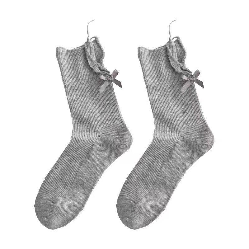 Women's Grey Knee-High Cotton Socks with Cuffs & Bows - Korean & Japanese Girly Style
