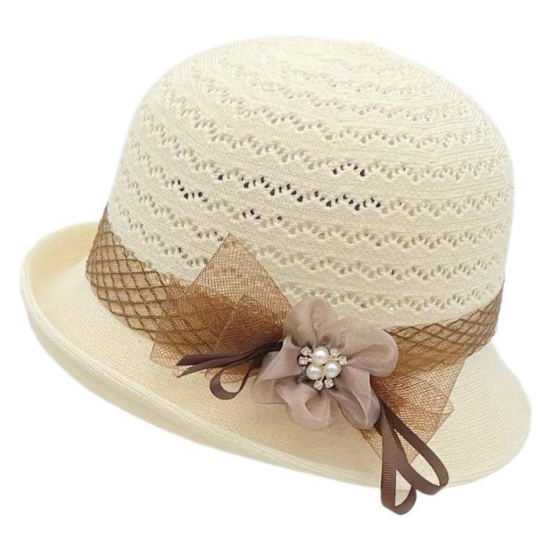 WTEMPO Women's Knitted Hollow Out Sun Hat Elegant Flower Decor Straw Bucket Hat, Breathable Casual Cap with Pearl Detail
