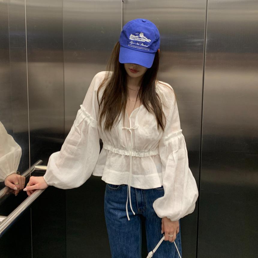 2026 Early Spring/Autumn V-Neck Drawstring Puff Sleeve Chiffon Shirt One Size слоновая кость