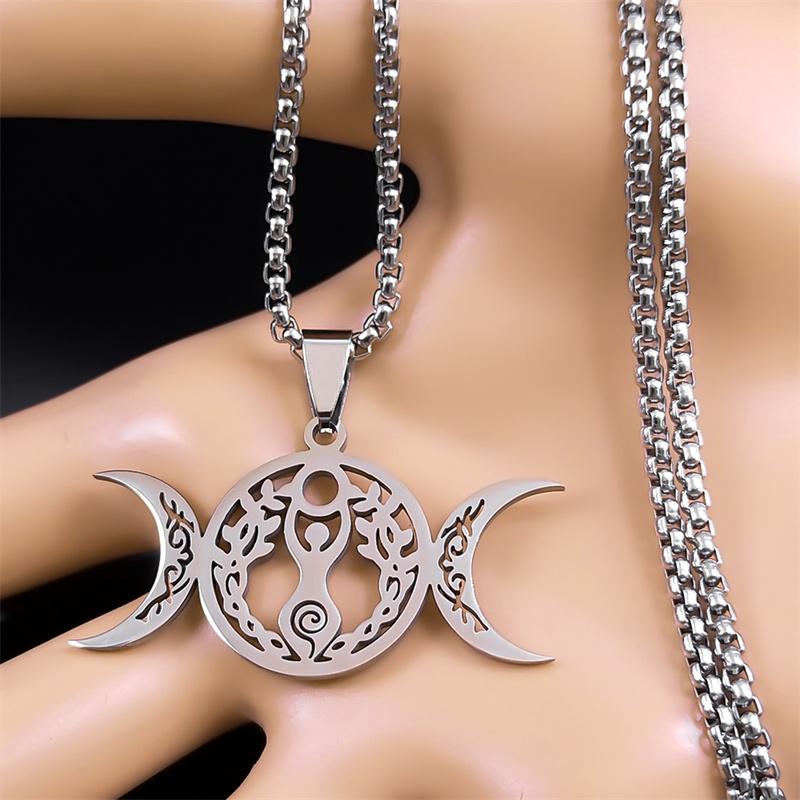 Triple Moon Goddess Luna Necklace Stainless Steel Silver Amulet Hecate Chain Jewelry for Women Men N9736S02