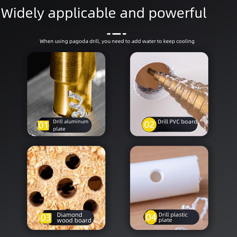 High-speed Steel 7-piece Step Drill Set with Slot Saw, Center Punch, Triangular Handle - Perfect for Woodworking Projects.