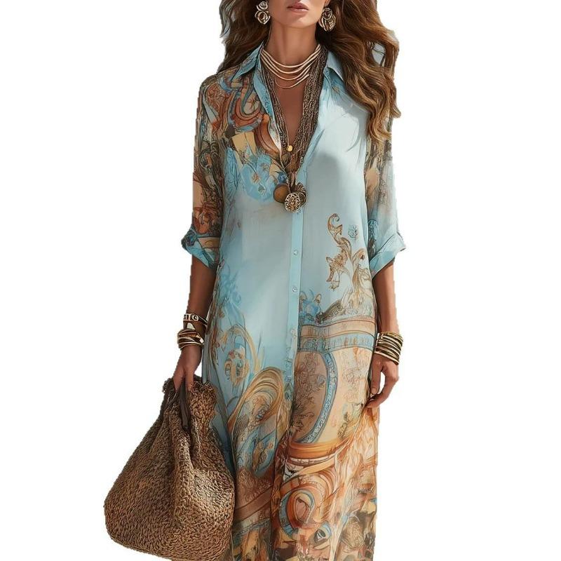 Abito Maxi Floreale Boho da Donna con Scollo a V Manica Corta Larga Estivo Lungo