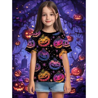Girl Clothes Funny Pumpkin Graphic T Shirt Halloween Boys Girls Summer Short Sleeves T-Shirt 2-13y Halloween Gift Party T-Shirt