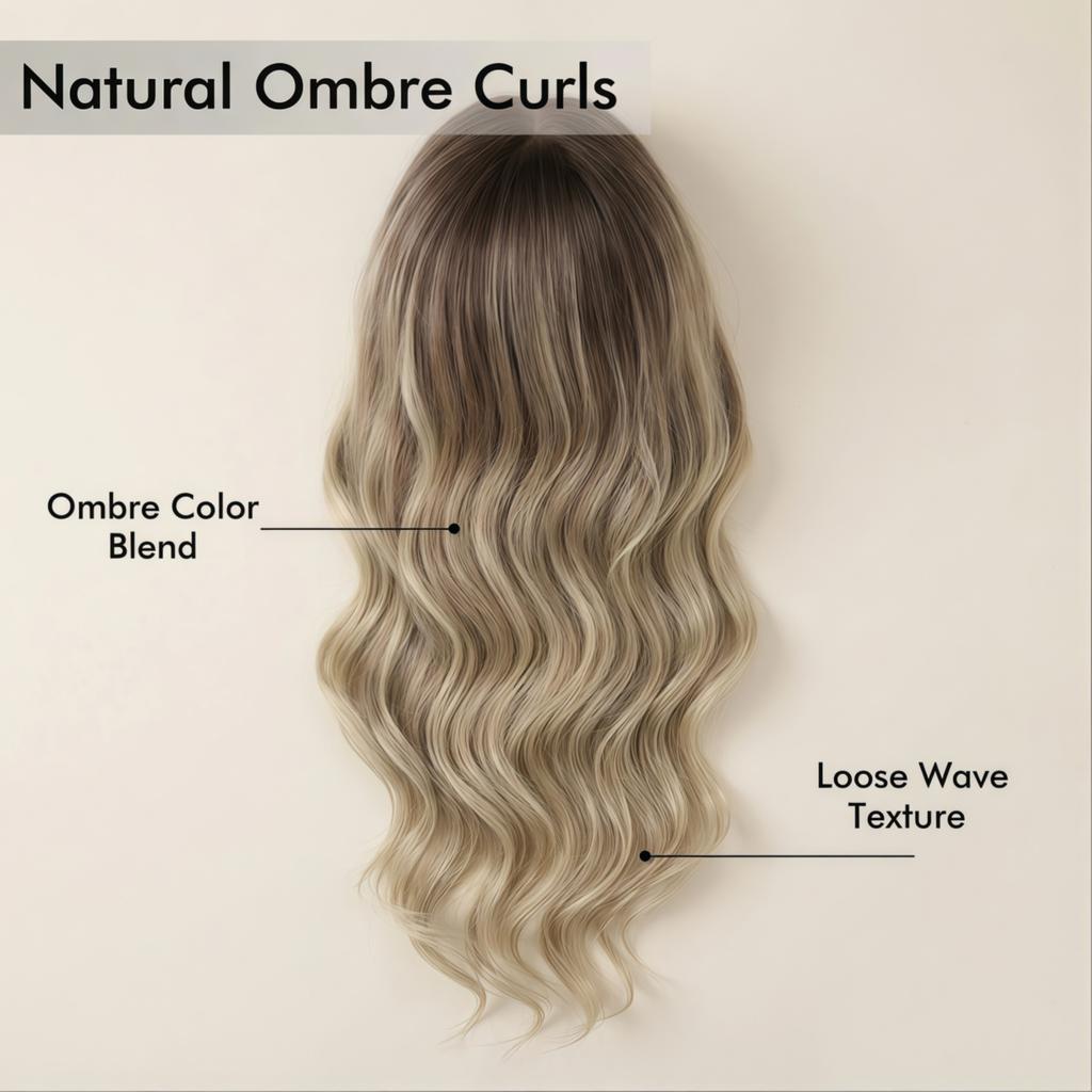 Gradient Brown Gold Long Loose Wavy Synthetic Wig 26 Inch Heat Resistant Fiber Daily Party Wig For Women