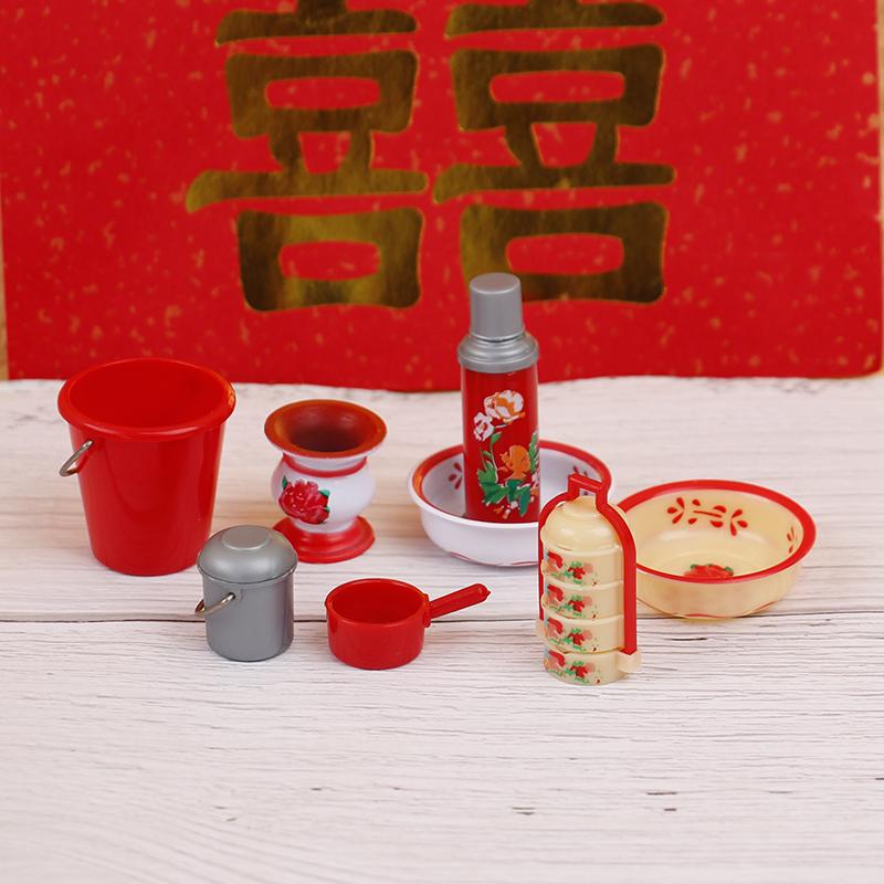 8Pcs/Set Dollhouse Miniature Chinese Wedding Gift Box Vintage Water Bottle Model