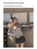 2025 Women's Gray Fur Collar Short Slim Sweatshirt - Petite Korean Style Autumn/Winter Outerwear