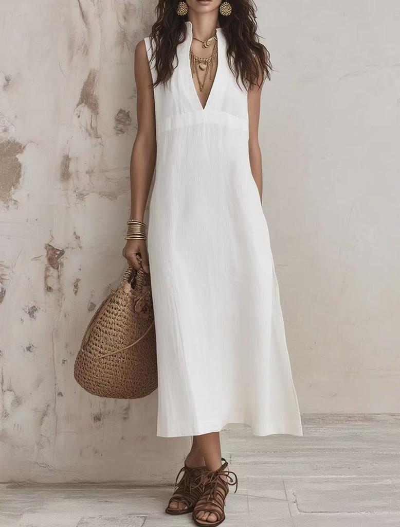 2026 New Women's Sleeveless Stand-up Neck V-neck Dress, High Waist Loose Split Fork Summer Casual Long