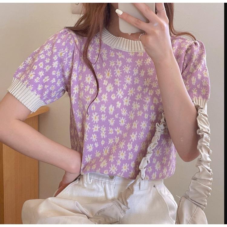 Ретро темперамент рукав-фонарик ромашки цветочный короткий рукав трикотажный свитер топы женский повседневный летний базовый комфорт и стиль облегающие пуловеры футболки One Size фиолетовый