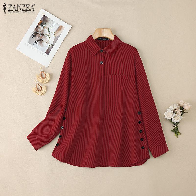 ZANZEA Women Turn Down Collar Loose Casual 3/4 Sleeve Stripe Blouse
