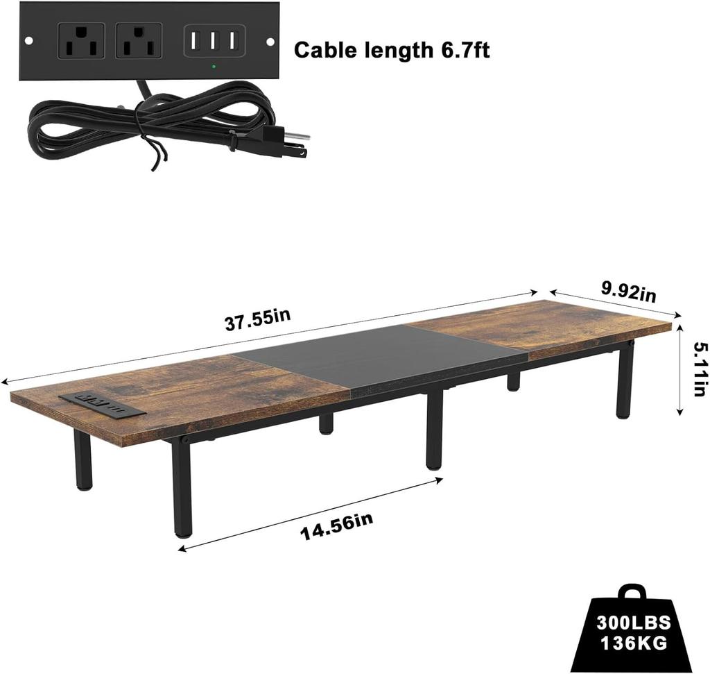 Monitor Stand for 2 Monitors Long Monitor Riser with USB Ports Wood Desktop Computer Riser Monitor Shelf Holder Stand