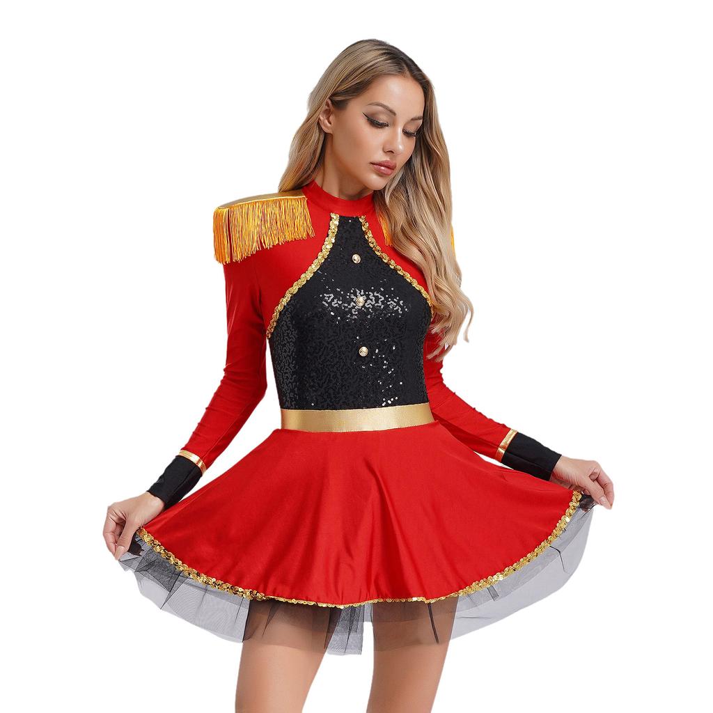 S-XXL Damski Kostium Cyrkowca Body Sukienka Długie Rękawy Frędzle Naszywki na Ramionach Błyszczące Płatki Kostium Cyrkowy Kostium na Halloween