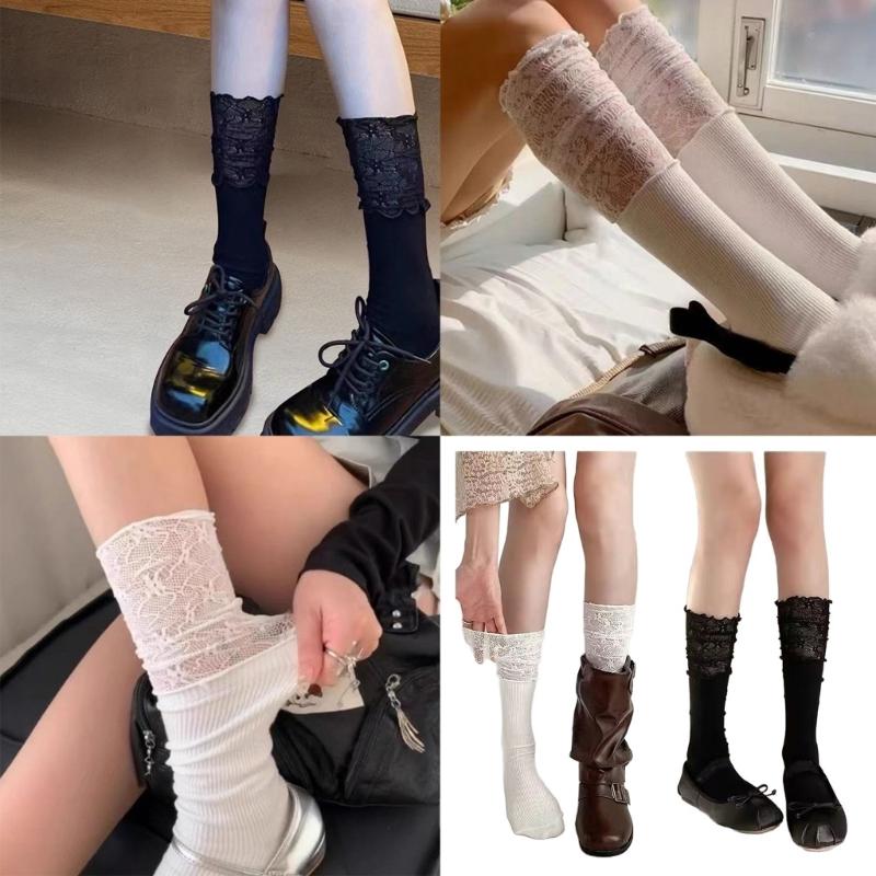 Elegant Scalloped Edge Crew Socks Comfortable Airy Component Unisex Daily Wear Multifunction Styling Option