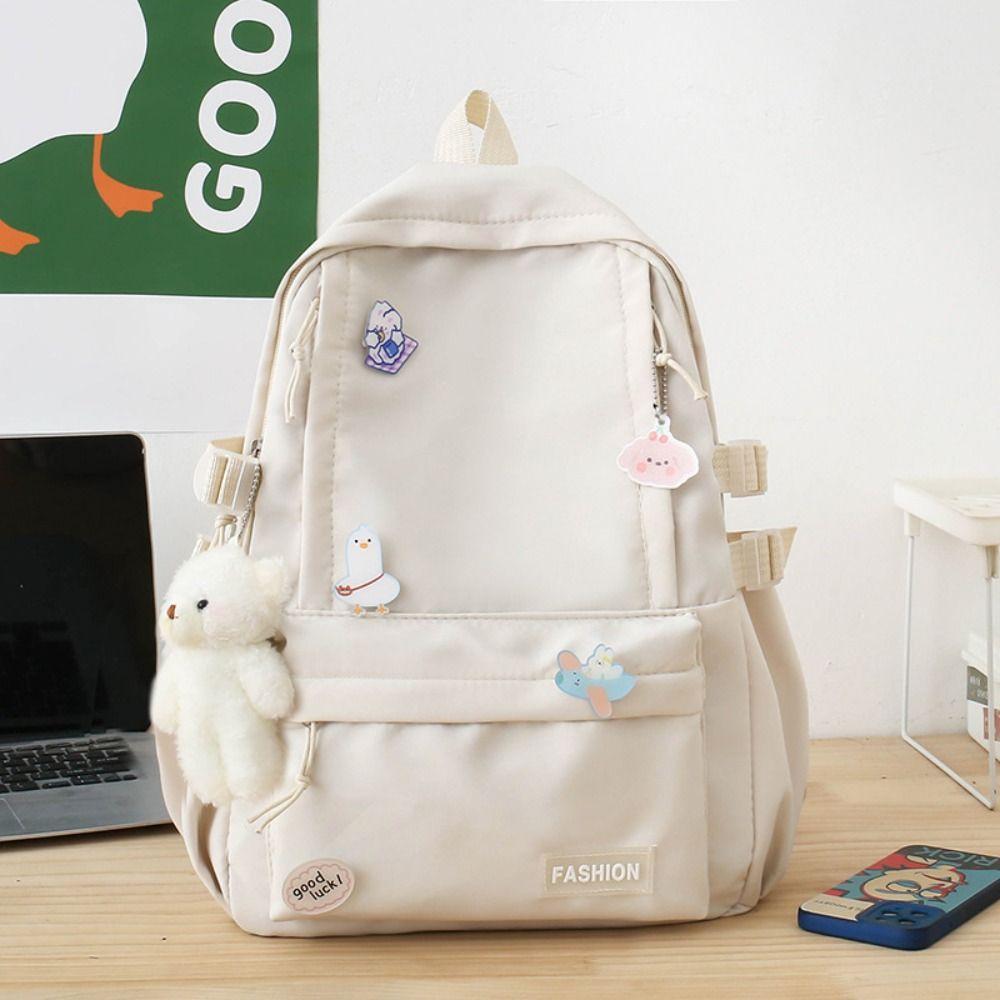 Large Capacity Solid Color Backpack Bear Pendant Shoulder Bag Cute Students School Bag  Travel