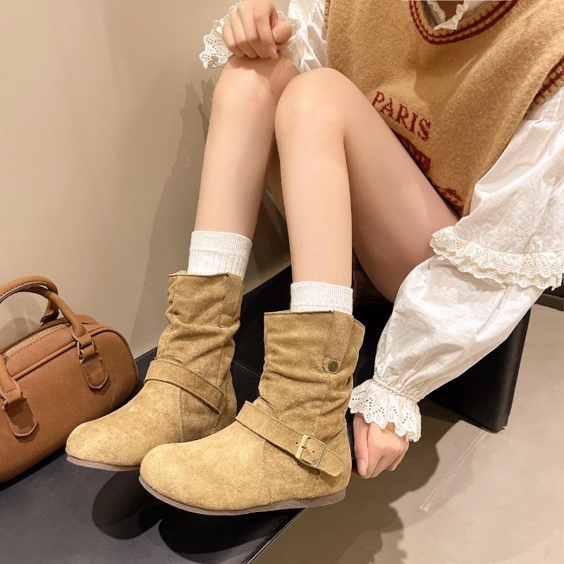 Retro pleated piled boots women's autumn new velvet warm short boots temperament versatile Martin boots