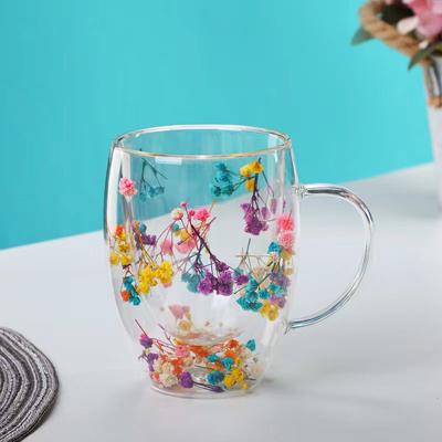 350ml Dubbelväggig Kaffemugg Med Handtag Klar Mjölkkopp Gåvor Glasmugg Fyll Konstgjorda Simuleringsblommor Tekopp