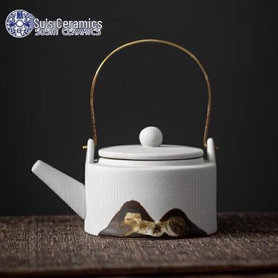 Vintage Coarse Ceramic Teapot with Overhead Handle