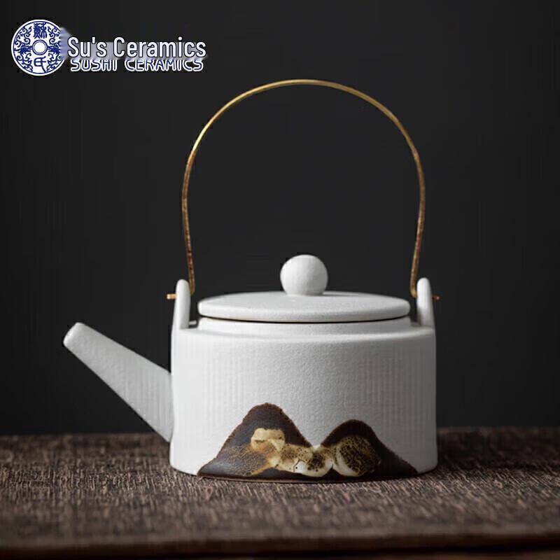

Vintage Coarse Ceramic Teapot with Overhead Handle