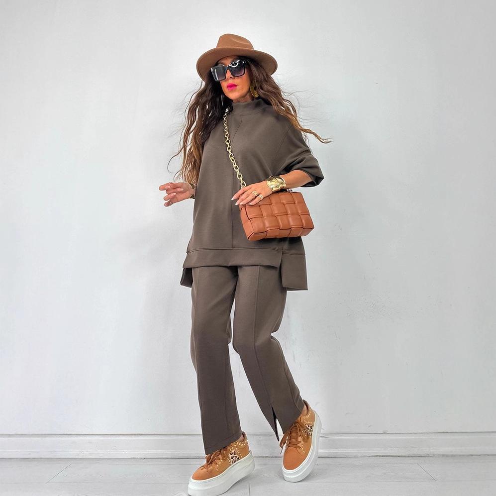 New Autumn and Winter Women's Fashion Casual Set, Solid Color Long-sleeved Shirt and Long Pants Split Two-piece Set