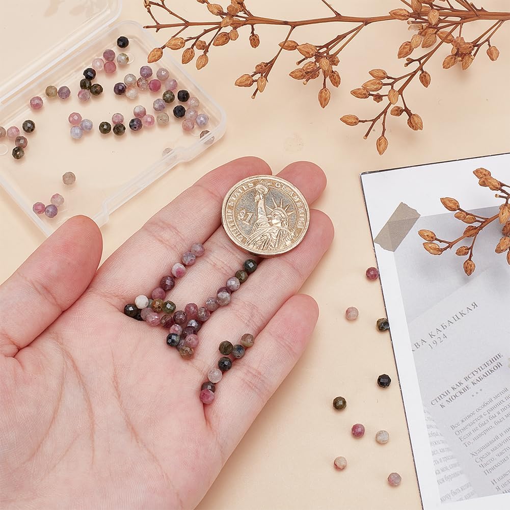 About 90Pcs Faceted Natural Tourmaline Beads 4mm Round Small Gemstone Strands Mixed Color Loose Spacer Seed Beads for DIY Necklace Bracelets Earring