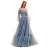   new long women's clothing one-word shoulder mesh long-sleeved wedding dress tulle dress