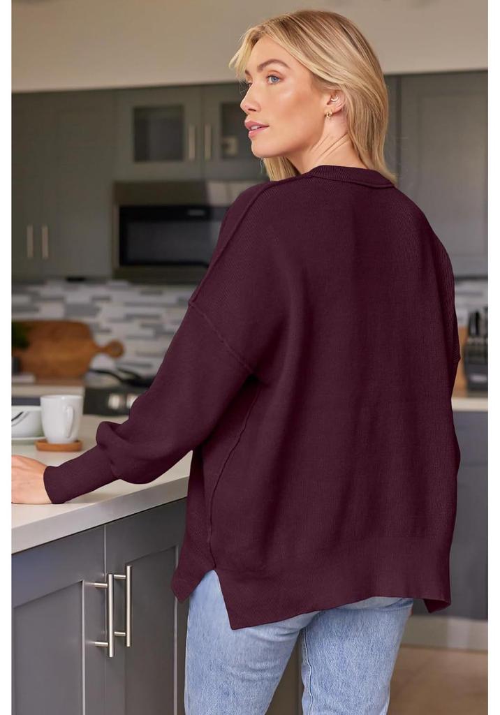 2025 Women's Round Neck Batwing Long Sleeve Knit Sweater with Exposed Seam and Side Slit