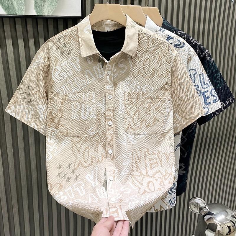 

Men Letter Print Short Sleeve Shirt Button Down Chest Pocket Casual Streetwear Shirt for Men S хаки