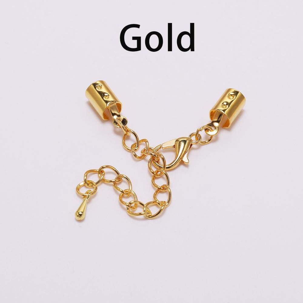 10 Stück/Lot 5 mm goldfarbene Kordelklemmen Endkappen mit Karabinerverschlüssen, passend für runde Kordel-Anschlüsse für DIY-Schmuckherstellung