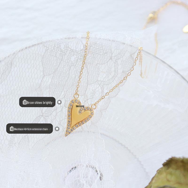 Korean Zircon Peach Heart Pendant Necklace in 18K Gold-Plated Titanium Steel