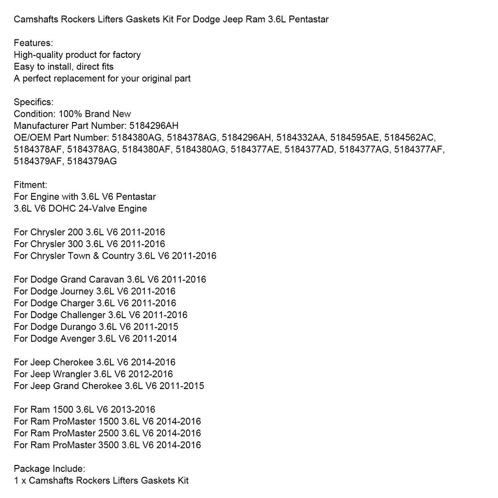 Camshafts Rockers Lifters Gaskets Kit For Dodge Jeep Ram 3.6L Pentastar