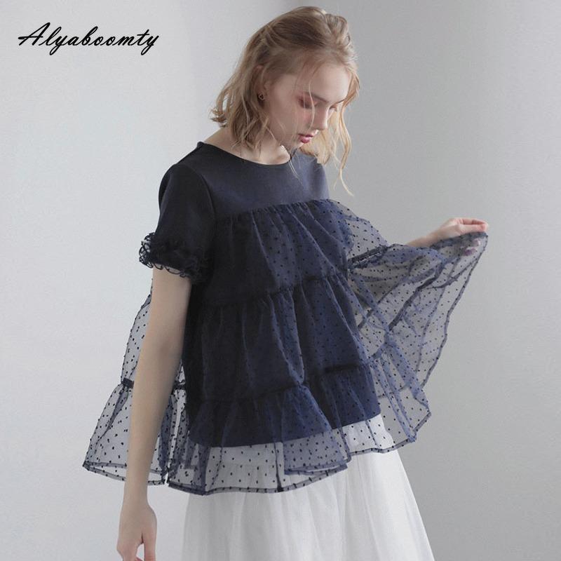 Korean Fashion Summer Women Patchwork Stylish Top O Neck Cotton Polka Dot Mesh Ruffles T-Shirt Short Sleeve Casual Loose Ladies' Tee