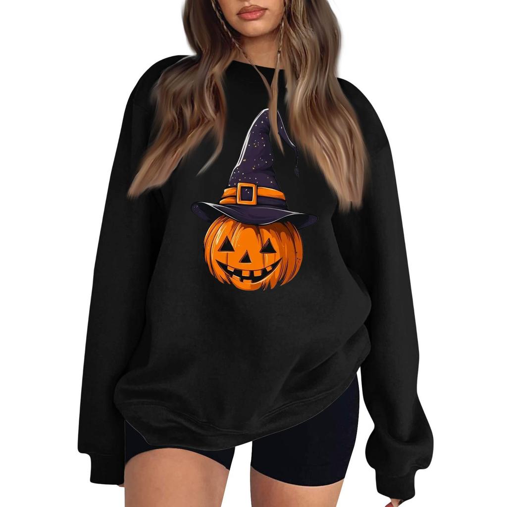 Women's Neck Long Sleeve Loose Fit Casual Sweatshirt Pullover Top with Halloween Print