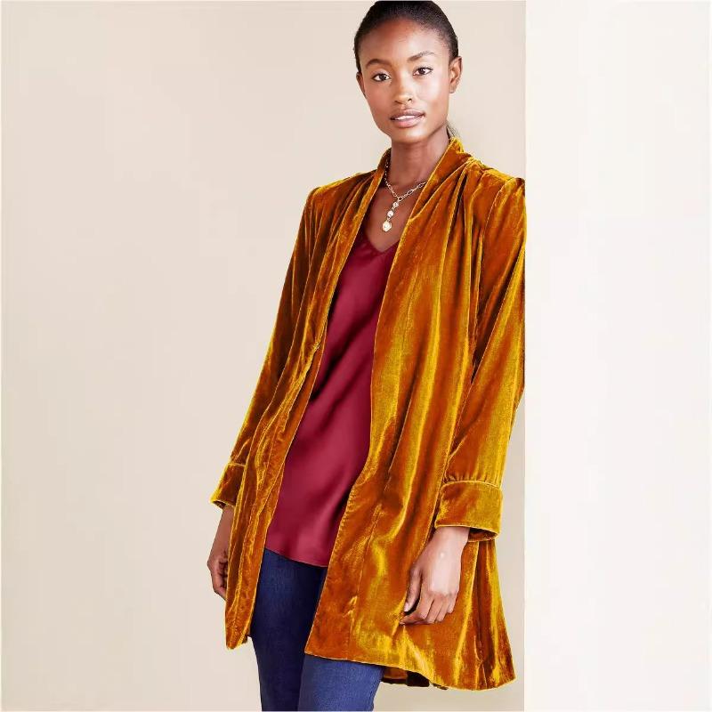 Women's Street Trend Velvet Long Blazer Cardigan New Long Sleeve Trench Coat