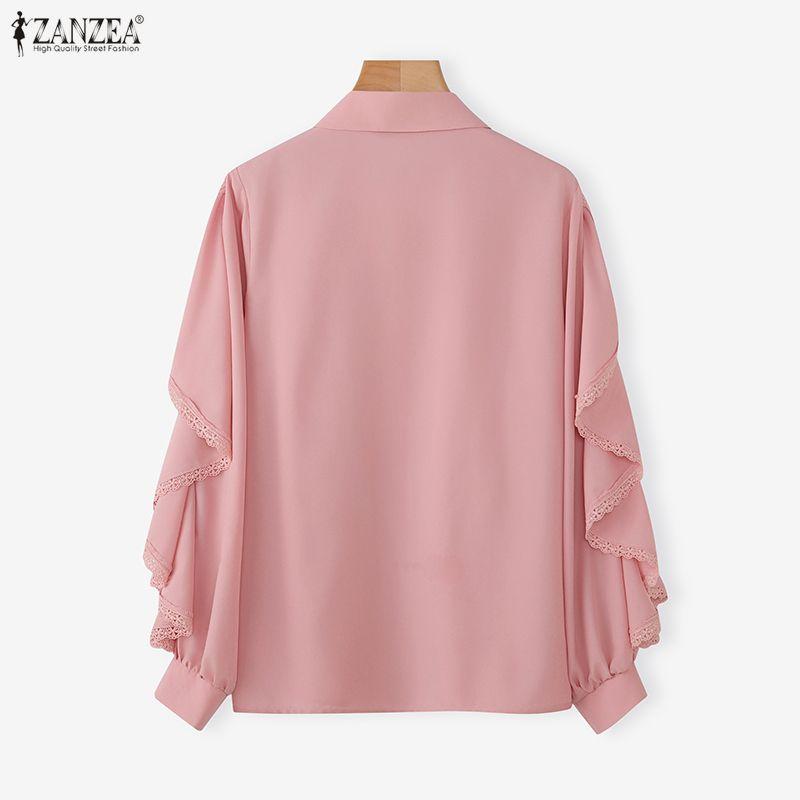 ZANZEA Women Casual Turn Down Collar Loose Ruffles Long Sleeve Blouse