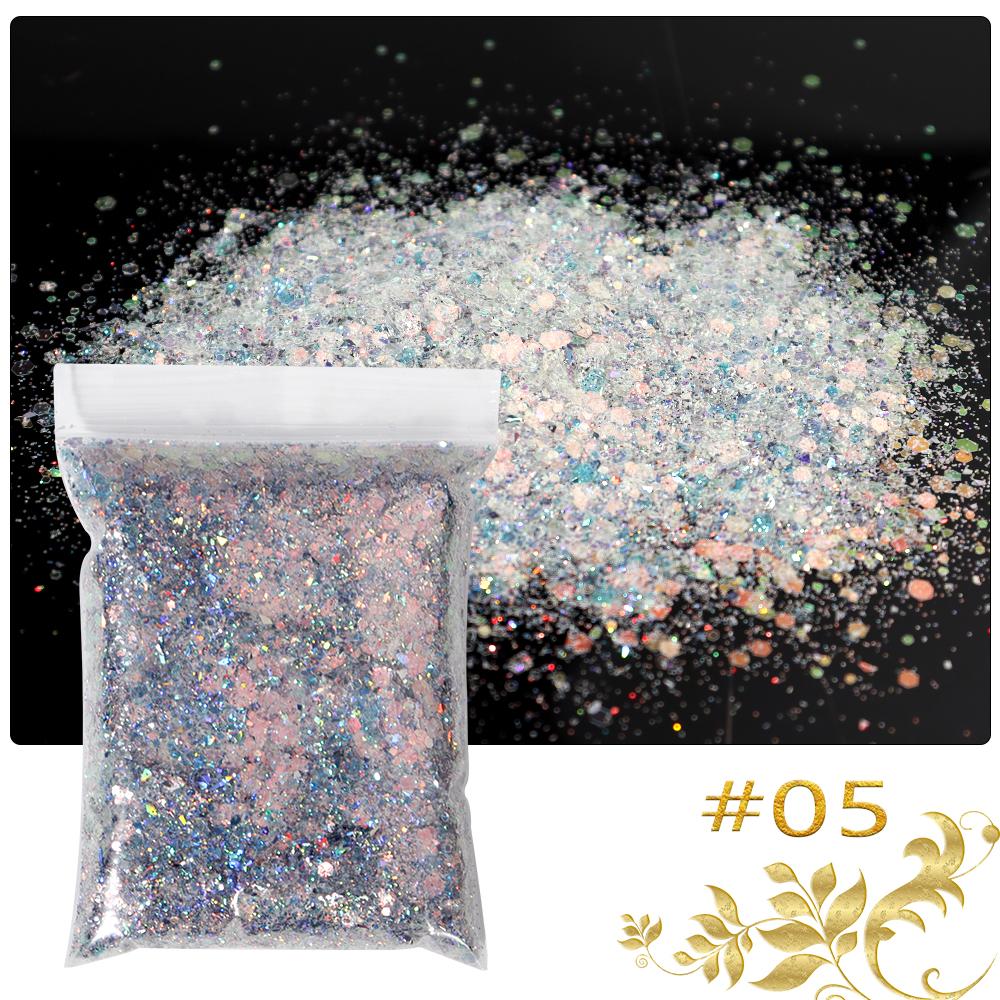 50g/sáček Mořská panna Šestiúhelníkové třpytivé vločky 3D flitry Třpytivé duhové Smíšené flitry Plátky Paillette DIY Nail Art Decoratio