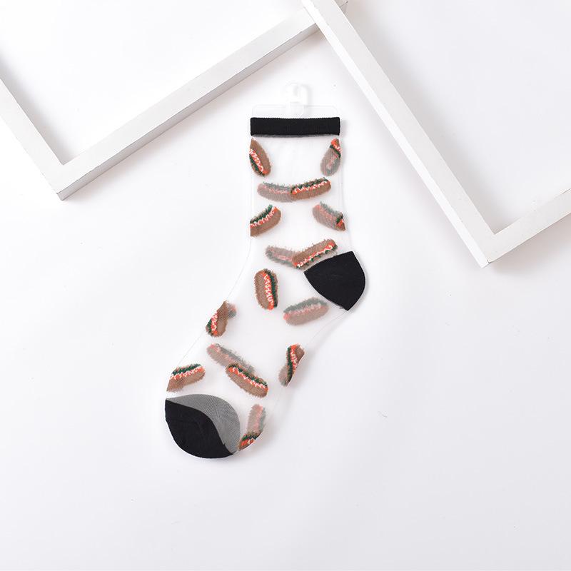 Ultra-thin Transparent Crystal Silk Socks Women Fashion Summer Harajuku Crew Socks Retro Flower Streetwear Elastic Long Socks