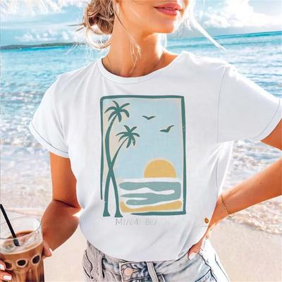2025 Summer Fashion Travel Vacation T-Shirt 90s O-Neck Casual Style Top Short Sleeve Cartoon Pattern Seaside Women's T-Shirt