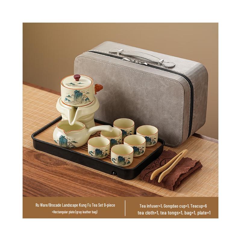 

Chaxun Ru Kiln Automatic Tea Set with Splendid Mountains & Rivers Design