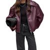 Women's Retro Burgundy Leather Motorcycle Jacket, 2024 Autumn European & American Fashion Matte Coat